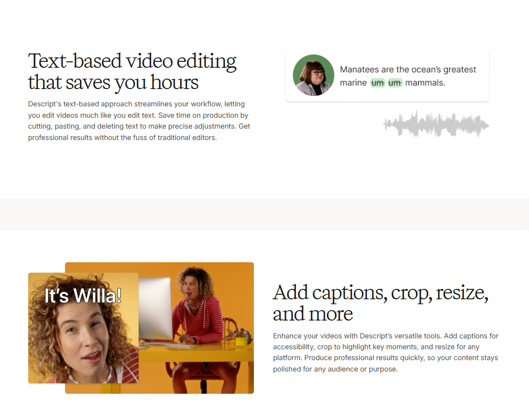 A comparison of the Descript video editing interface versus a complex timeline in a traditional NLE software.