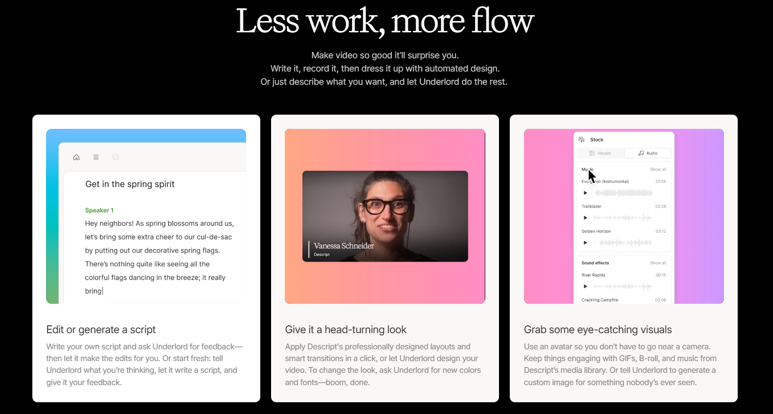 A collage showcasing the Descript AI interface being used for podcasting, video editing, and screen recording by various content creators.