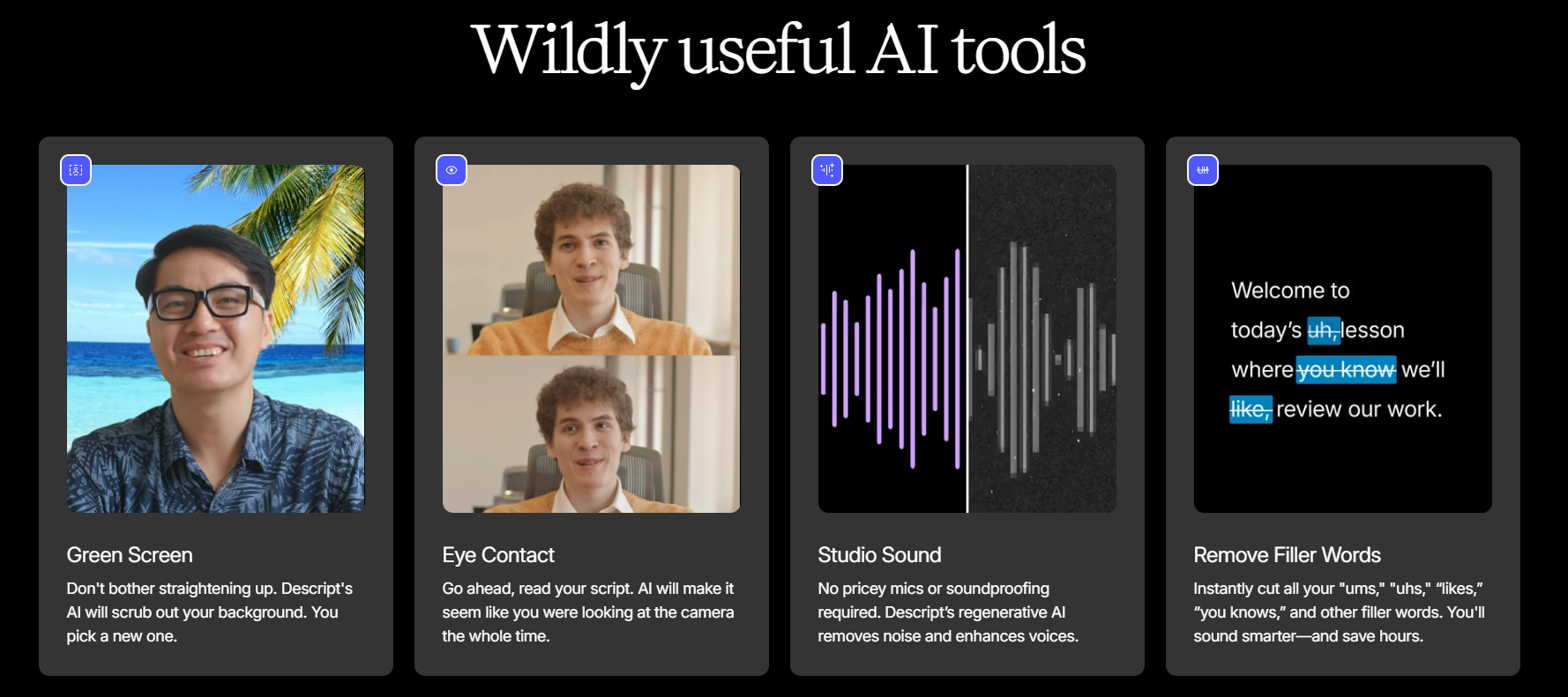 An example of the Descript screen recorder capturing a user's screen and webcam simultaneously for a tutorial video.