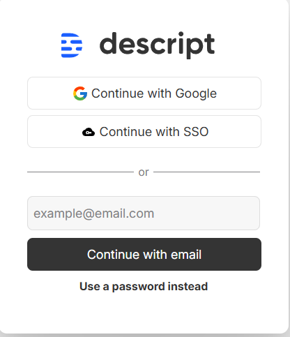 The Descript sign up page showing options to register with Google, Microsoft, or a standard email and password.