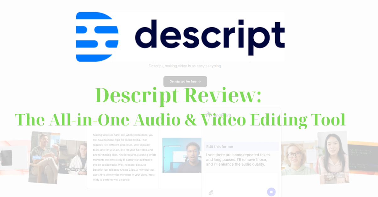 A graphic banner showing the Descript logo with the text 'Descript Review' and star ratings, indicating a positive review.